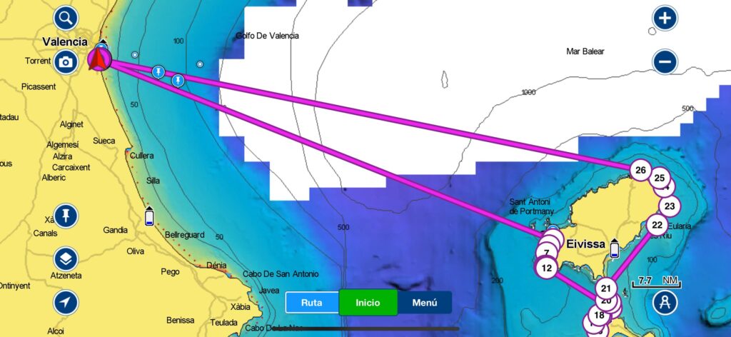 Carta náutica digital del itinerario del curso PER a bordo desde Valencia hasta Ibiza, con paradas en Cala Tarida, Ses Illetes y otros puntos del programa.