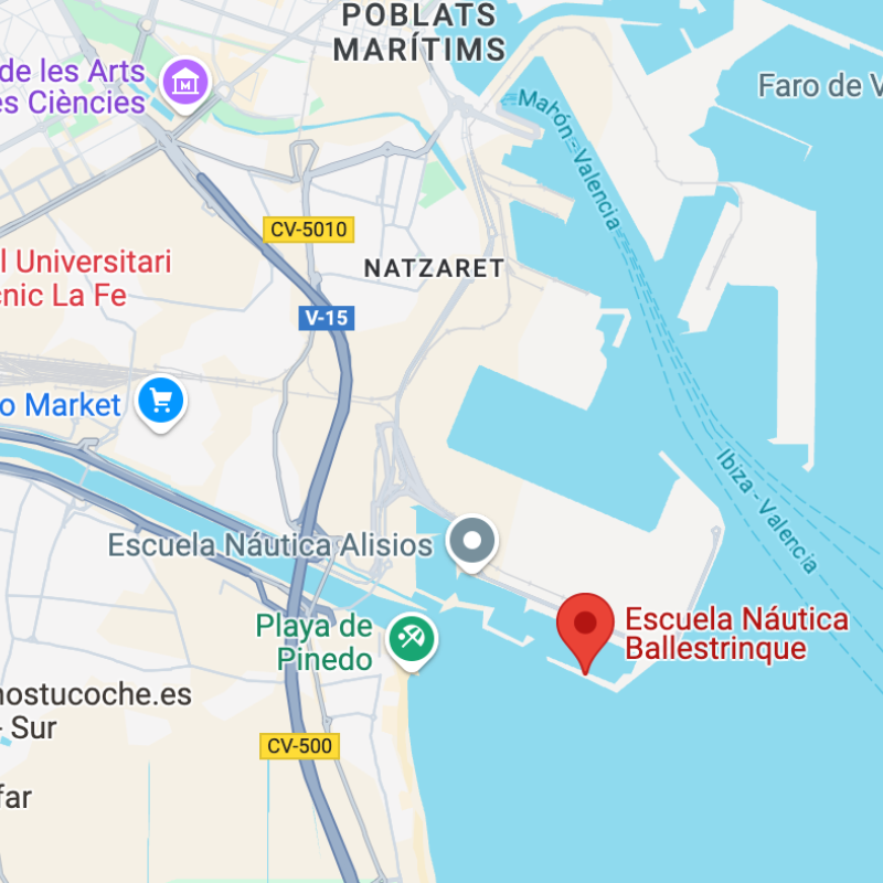 Ubicación de la Escuela Náutica Ballestrinque en Valencia, punto de embarque para el curso PER a bordo